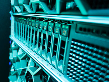A close-up view of a modern data center server rack showcasing multiple storage units and LED...
