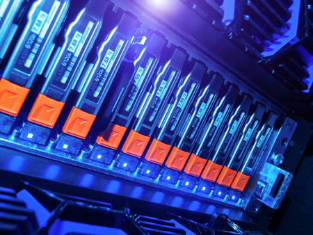 Detailed view of high-tech data storage units lit by vibrant blue LED lights in a modern server...