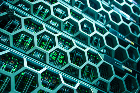 A close-up view of a modern data center rack featuring a unique honeycomb design with vibrant green...