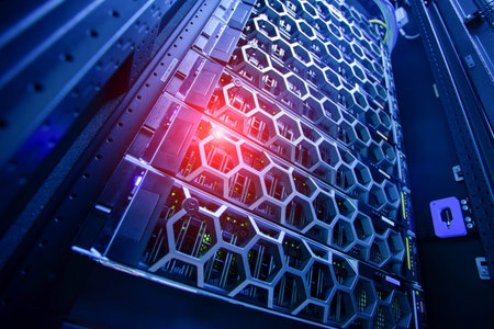A close-up view of a modern server rack featuring a unique hexagonal design illuminated by blue...