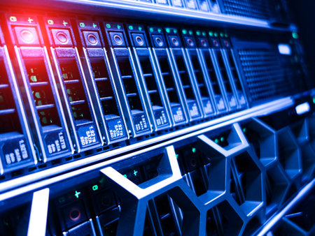 This detailed close-up image showcases a modern server rack with green LED indicators highlighting...
