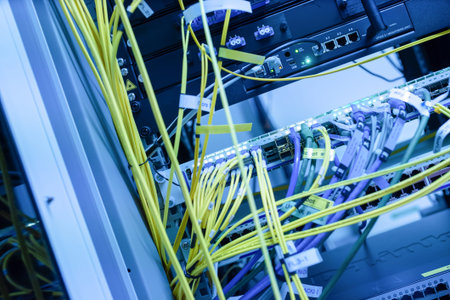 Close-up view of network cables and connections within a server room, showcasing the intricate...