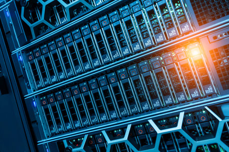A sleek data center scene showcasing advanced server units in a storage rack. The modern design...
