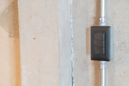 This image features a modern electrical switch mounted on a textured concrete wall, showcasing...