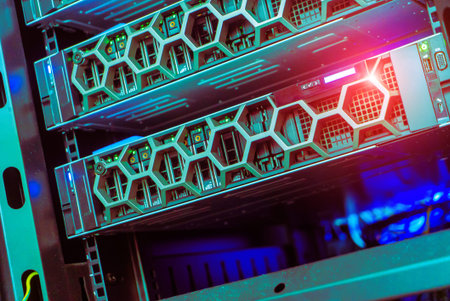 A close-up view of a high-tech server rack showcasing intricate designs and vibrant LED lighting, representing modern technology and innovation in data storage.