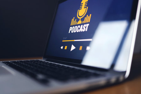 Digital Music Streaming Multimedia Entertainment Online Concept Close-up laptop screen.の写真素材