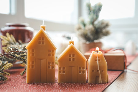 Candles with beeswax handmade in the home interior. Decor.の写真素材