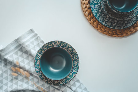 Set of modern trendy tableware top view on a white background.