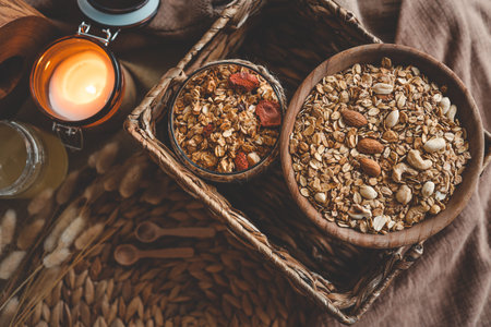 Homemade granola in a wooden bowl top view.