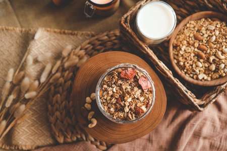 Homemade granola in a glass jar, against the background of milk, candle and decor, good morning...