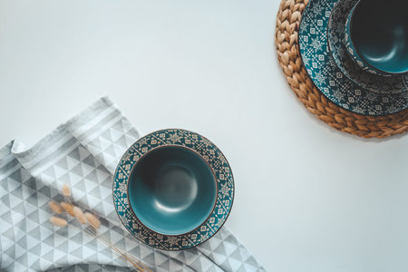 Set of modern trendy tableware top view on a white background.