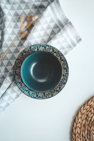 Set of modern trendy tableware top view on a white background.