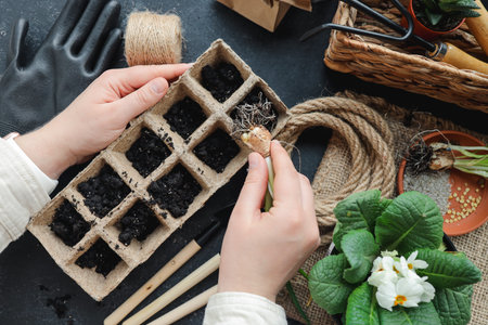 Young woman planting seeds at home.