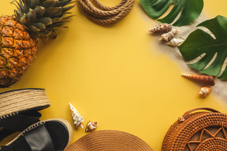 Colorful summer female fashion outfit flat lay. Straw hat, wicker shoes, pineapple over yellow...