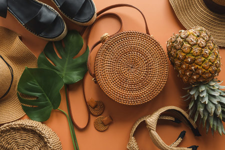 Colorful summer female fashion outfit flat-lay. Straw hat, bamboo bag, wicker shoes, pineapple over...
