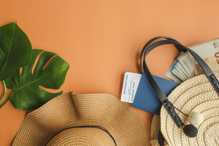 Summer background. Wicker hat, bag with passport, tickets and money, vacation concept.