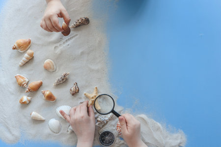 Children's hands top view playing with shells in the sand, research concept.