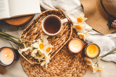 Cup of hot tea and spring home interior. good morning concept.