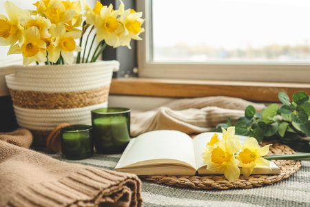 Open book, candle and basket with daffodils, spring cozy composition in home interior.の写真素材