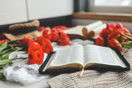 Open bible in home morning interior.