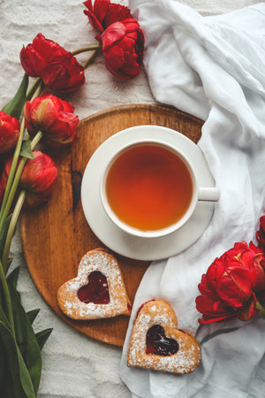 Tray with tasty breakfast, bouquet of peonies and gift for on bed.の写真素材