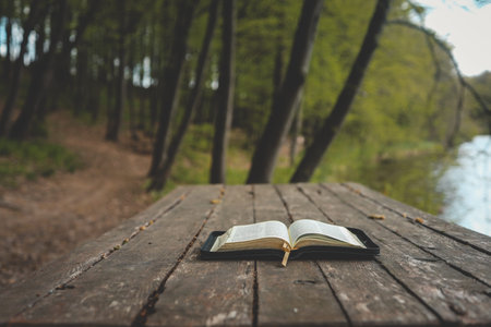Open Bible on a wooden board near the river.