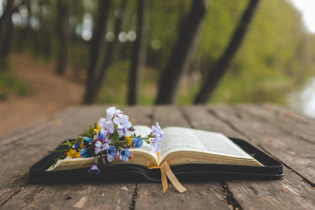 Open Bible on a wooden board near the river.