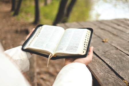 Open Bible in hands, morning reading in nature.