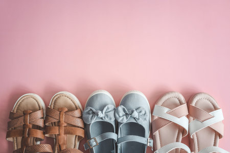 Child's shoes on color background top view, flat lay.