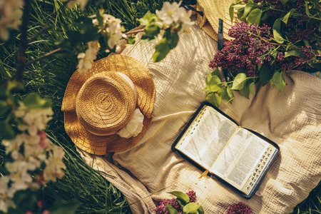 Open bible in the garden, Christian concept.