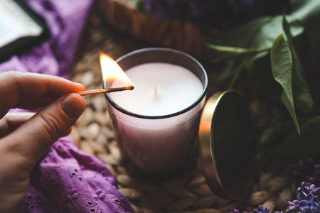 Girl lights a candle, aesthetic photo.