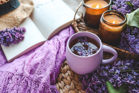 Cup of hot tea and lilac bouquet, good morning concept.の写真素材
