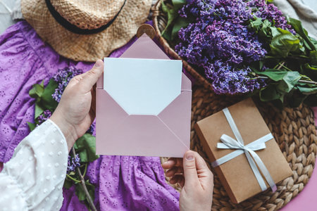Woman's hands holding a letter in craft envelope. Mother's Day or Valentine's Day concept. Place for...