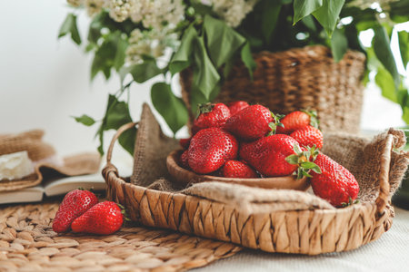 Happy mother's day, beautiful breakfast, lunch with strawberries on tray, bouquet of lilac. Festive concept. Spring holiday, family relations.の写真素材