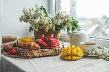 Cup of tea, croissant, strawberry and lilac basket, summer morning aesthetic.