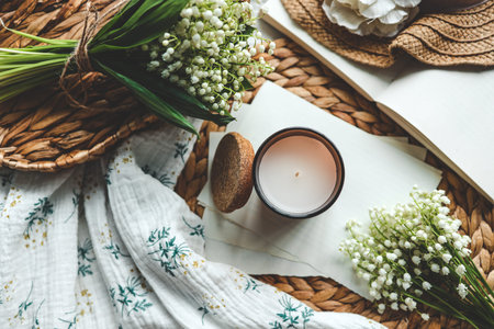 Aroma candle in a cozy home spring interior top view.