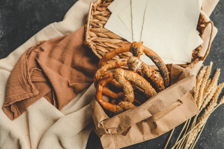 Fresh prepared homemade soft pretzels. Different types of baked pretzels with seeds on a black...