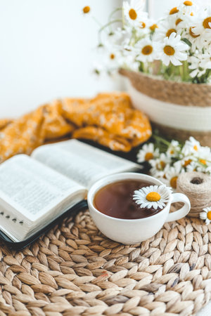 Open Bible and daisies on the windowsill, summer composition.の写真素材