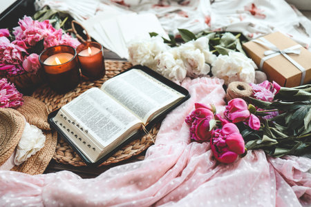 Open bible in home morning interior.の写真素材