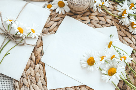 Greeting card template top view in summer decor.