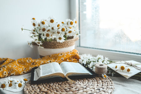 Open Bible and daisies on the windowsill, summer composition.の写真素材