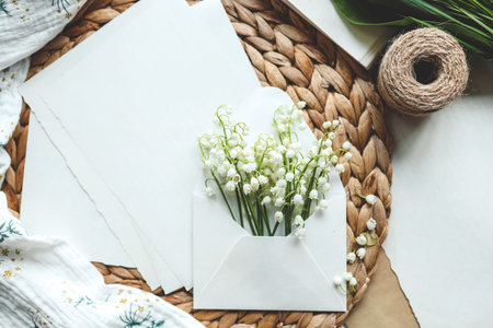 Envelope with lilies of the valley and aesthetic decor, holiday concept.