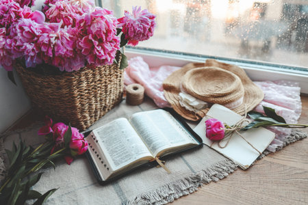 Open bible in home morning interior.