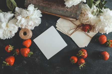 Summer background with place for your text, letters and strawberry.の写真素材