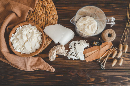 Set for crafting candles on wooden background. Eco soy wax and candle making tools top view, flat...