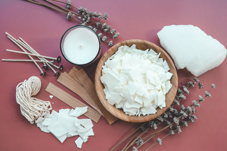 Candle making set and lavender on colorful background top view, flat lay.の写真素材