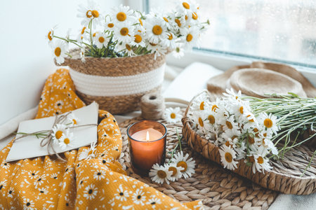 Candle and daisies, summer composition.の写真素材