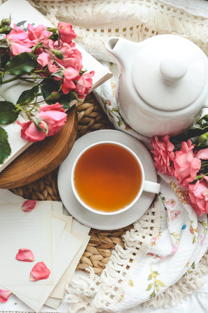 Cup of hot tea and spring home interior. good morning concept.