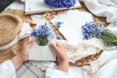 Envelope with cornflowers and aesthetic decor, holiday concept.の写真素材