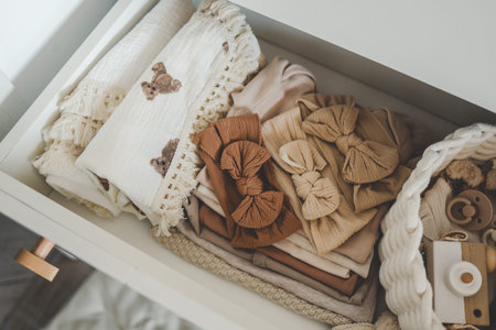 Dresser with clothes for a newborn, organizing storage.